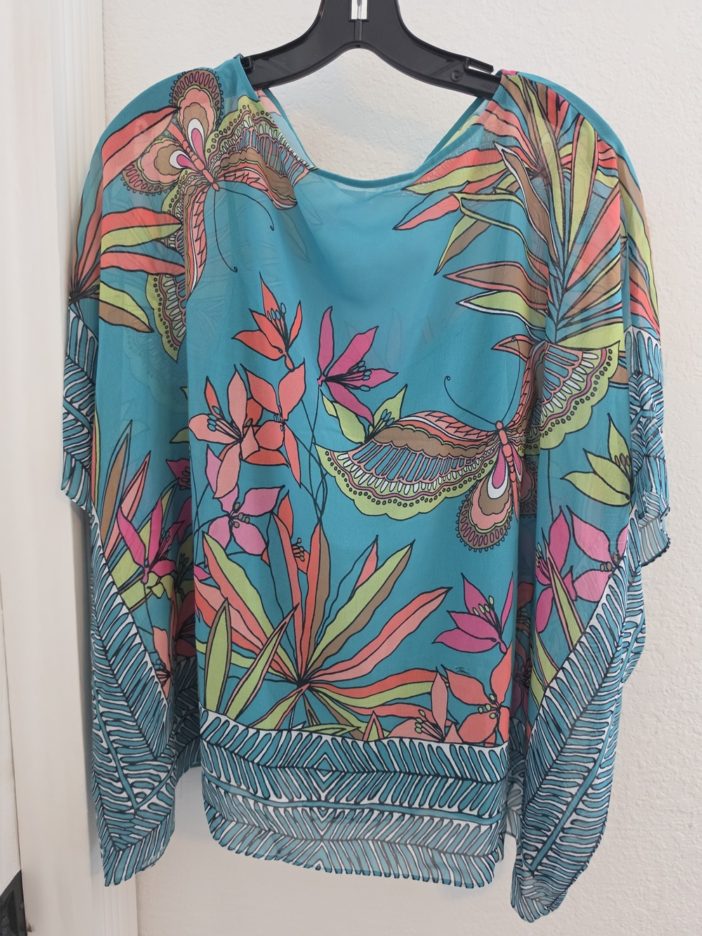 Trina Turk Teal Tropical Butterfly Blouse